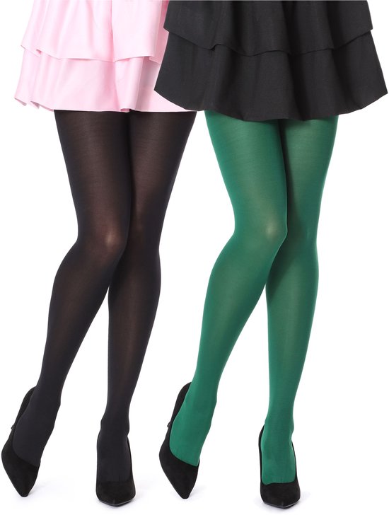 Damesbenen in zwarte panty's en donkergroene panty's, met roze en zwarte rokken.