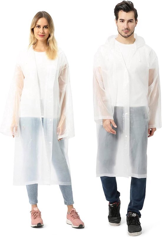 Regenjassen voor volwassenen herbruikbaar, poncho Eva regenjassen voor mannen vrouwen waterdichte regen ponchos met trekkoord hap regen jassen plastic regenwiel (Color : White, Size : M 150-160cm
