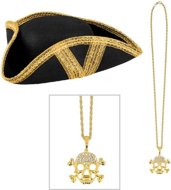 Chapeau de pirate noir avec ornements dorés et un collier doré avec tête de mort et os croisés.