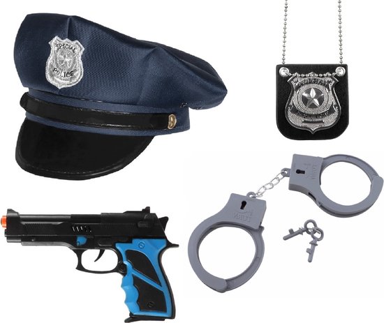 Politie agent verkleed accessoires set - 4 delig - voor kinderen - politiepet - handboeien - pistool - badge - Carnaval