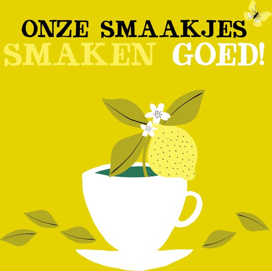 Illustratie van een witte kop met citroen en bloemen, met tekst 'Onze smaakjes smaken goed!'.