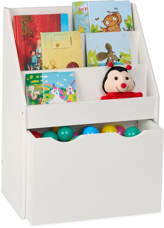 boekenrek kinderkamer - 3 planken - 69,5 cm hoog - met speelgoedkist op wielen