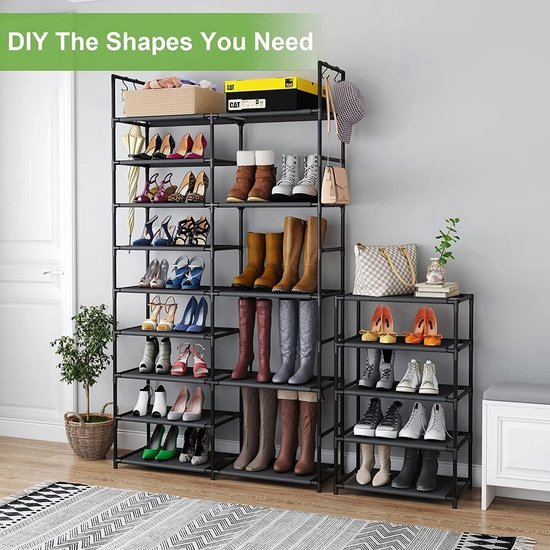 Schoenenrekken met 4 niveaus, schoenenopslag, schoenenrek voor kasten, stevige metalen schoenenrek organizer, schoenenhouder, voor woonkamer, entree, hal en garderobe, zwart (27 hoog