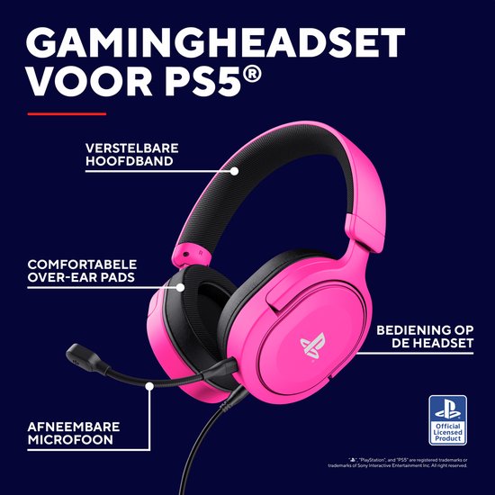 Roze gaming headset voor PS5 met verstelbare hoofdband en over-ear pads.