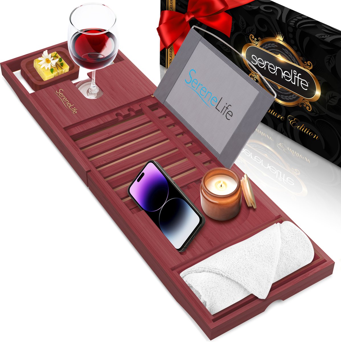 SereneLife Badplank, Bamboe Badrek voor bad met Luxe Cadeaubox en Rode Cadeaulint–Badkuipplank-Uitschuifbare & Verstelbare Badplank met Apparaat-/Boekhouder en Verwijderbare Bakjes voor Badkamer Accessoires Donkerbruin
