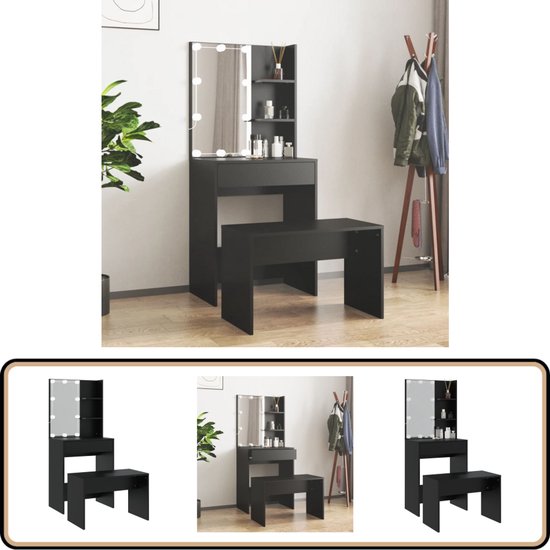 vidaXL Kaptafelset - Met LED-verlichting - Zwart Kaptafel - Make-up Tafel - Dressing Table - Led Verlichting - Badkamer Meubel