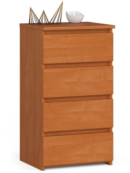 Houten ladekast met 5 laden, alle laden gesloten, met decoratie op de bovenkant.
