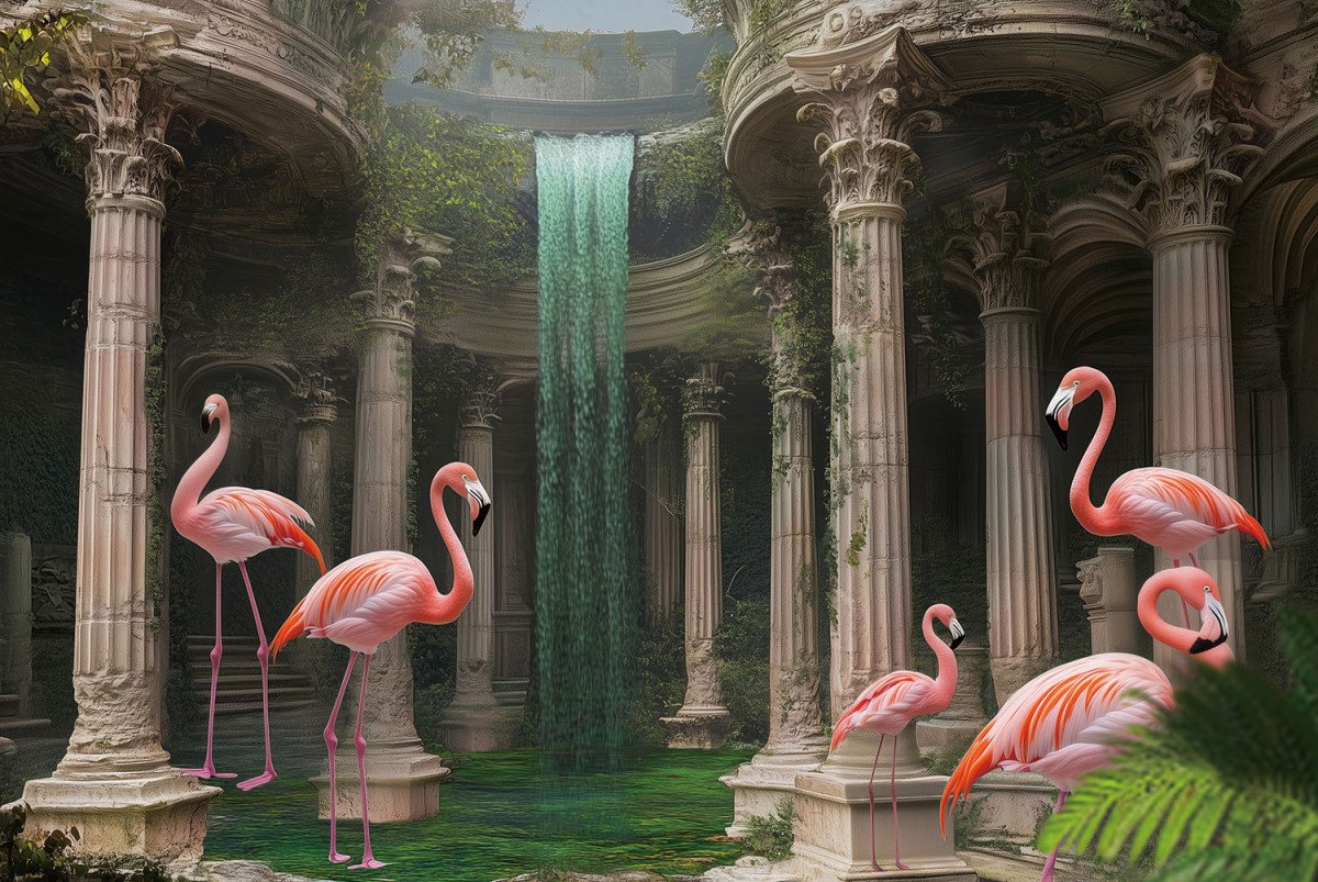 Ter Halle Glasschilderij 120x80cm Flamingo's in ruïne multi