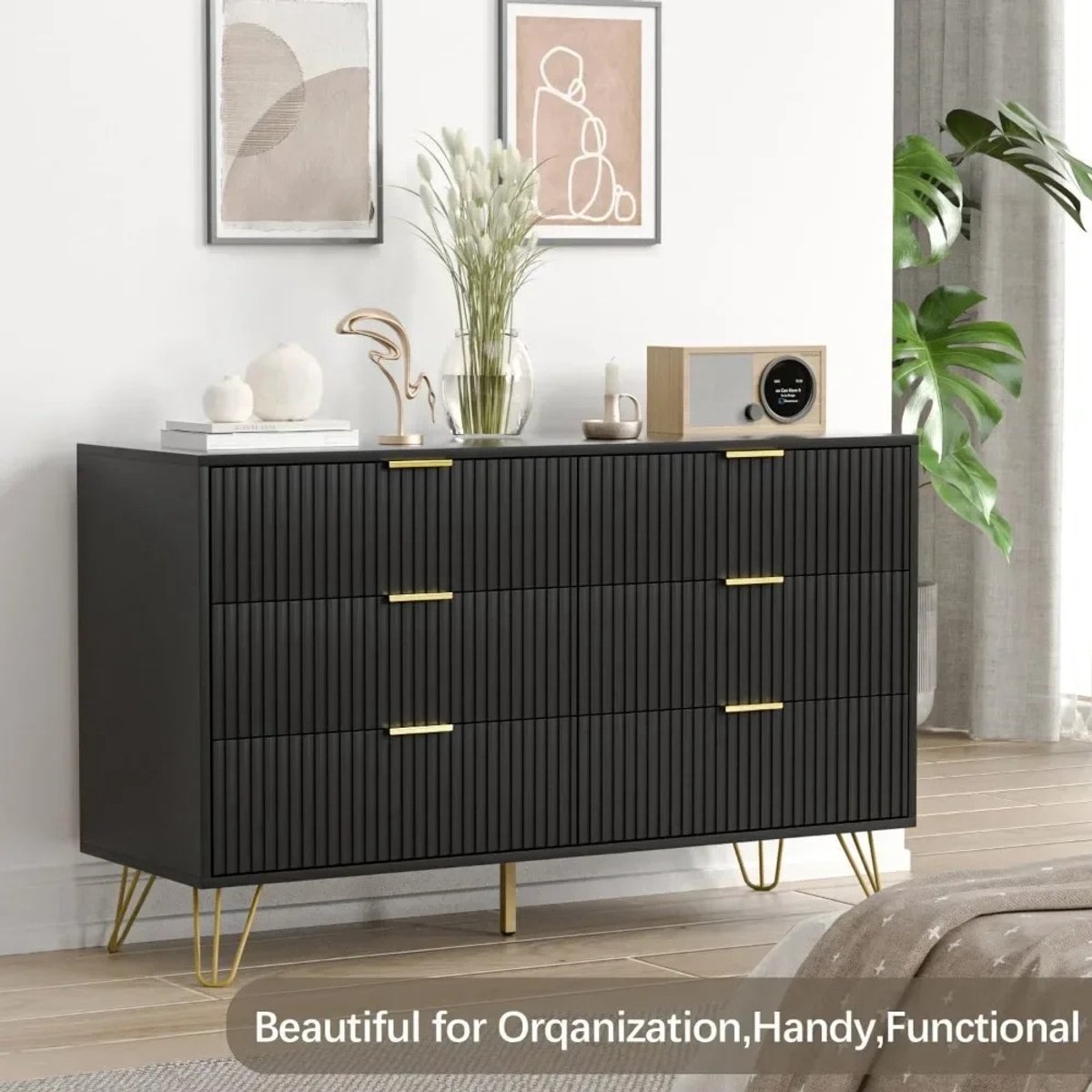 Asaam Zwart dressoir- Modern- sSaapkamer- 6-lade Dressoirs met Drede Lades -Gouden Handgrepen - Opbergkast