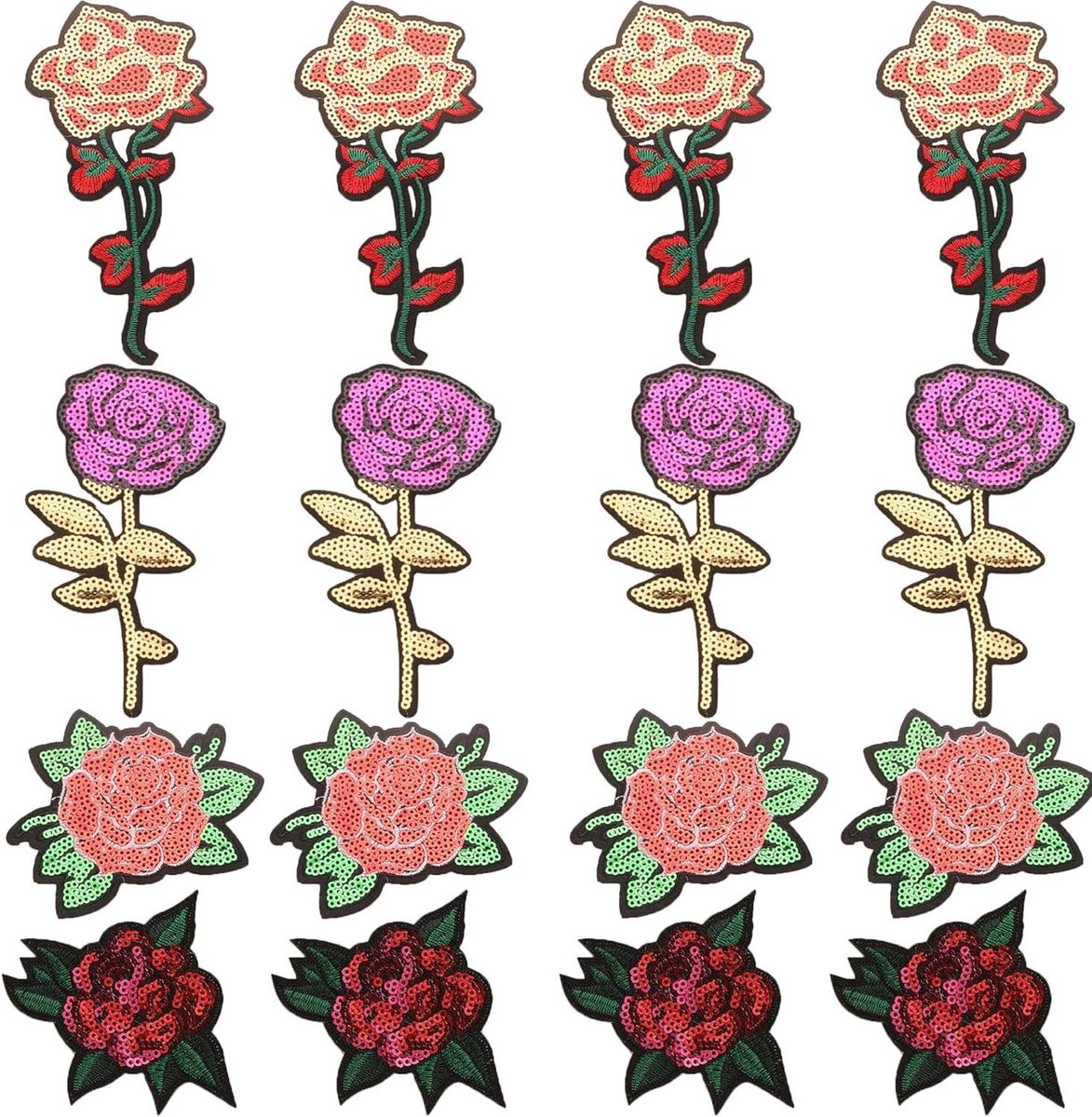 12 stuks rozen-patches met pailletten - roze rood geborduurd