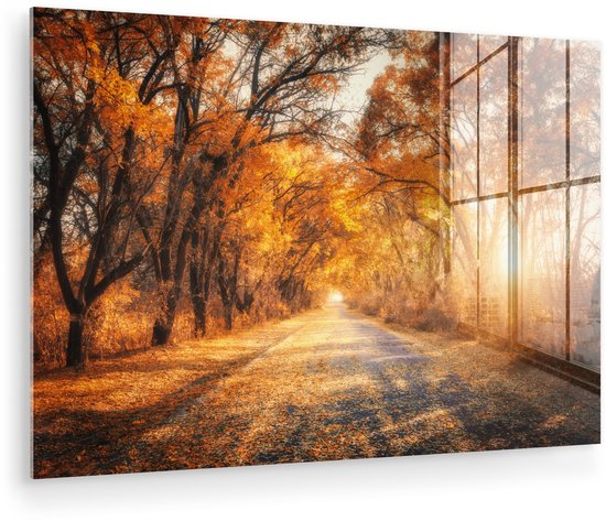 MuchoWow® Peinture sur verre 150x100 cm - Peinture sur verre acrylique - Forêt - Automne - Arbres - Chemin forestier - Nature - Photo sur verre - Décoration murale salon - Décoration murale chambre - Peintures