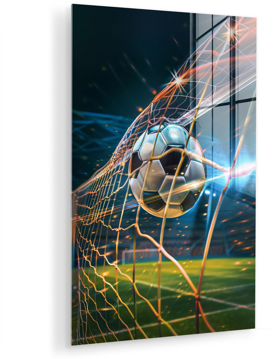 MuchoWow® Glasschilderij 40x60 cm - Schilderij acrylglas - Voetbal - Goal - Sport - Jongens - Foto op glas - Muurdecoratie woonkamer - Wanddecoratie slaapkamer - Schilderijen