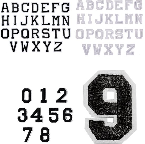 Somstyle 62-Delige Strijk Embleem Set - Hoofdletters & Cijfers - Patches voor Kleding - Stof & Strijk Applicatie - Zwart & Wit