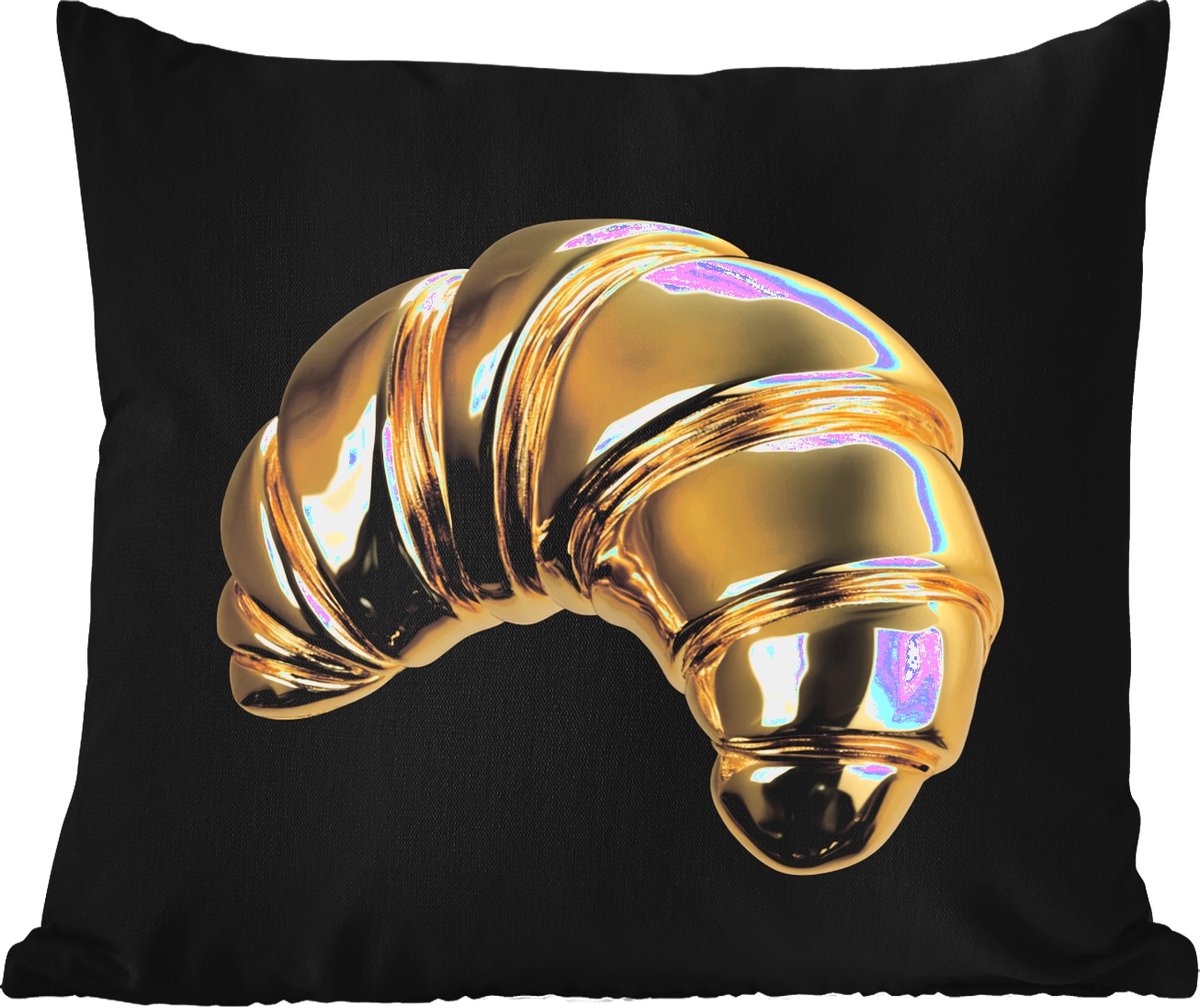 Sierkussen Buiten - Croissant - Brood - Goud - Zwart - 60x60 cm - Weerbestendig