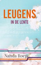 Boekcover met witte bloesems op een lichtblauwe achtergrond. Titel: Leugens in de lente, auteur Nanda Roep.
