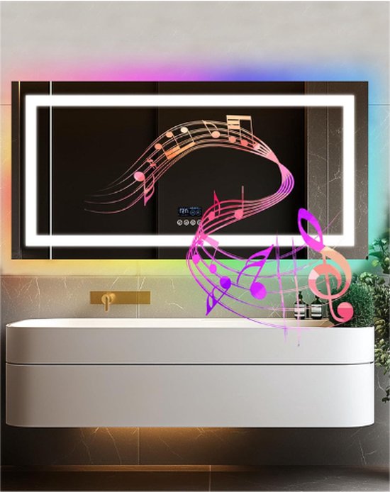Miroir de Salle de Bain RGB LED Bluetooth Digital - 120 x 60 cm Grand Miroir LED Salle de Bain Bluetooth Musique avec Date Heure Rétroéclairage + Éclairage Frontal - Rectangulaire - Smart Touch - Anti-Condensation