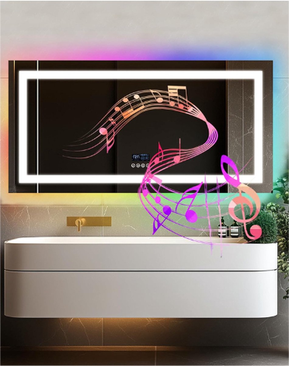 BOG RGB Badkamerspiegel LED Bluetooth Digitaal - 120 x 60 cm Grote LED-Spiegel Badkamer Bluetooth Muziek Met Datum Tijd Achtergrondverlichting + Voorlicht - Rechthoekig - Smart Touch - Anti-Condens ZILVER