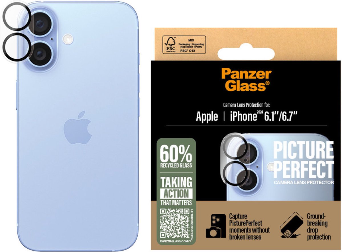PanzerGlass Screenprotector geschikt voor Apple iPhone 16 Plus Glazen | PanzerGlass PicturePerfect Camera Protector - Case Friendly