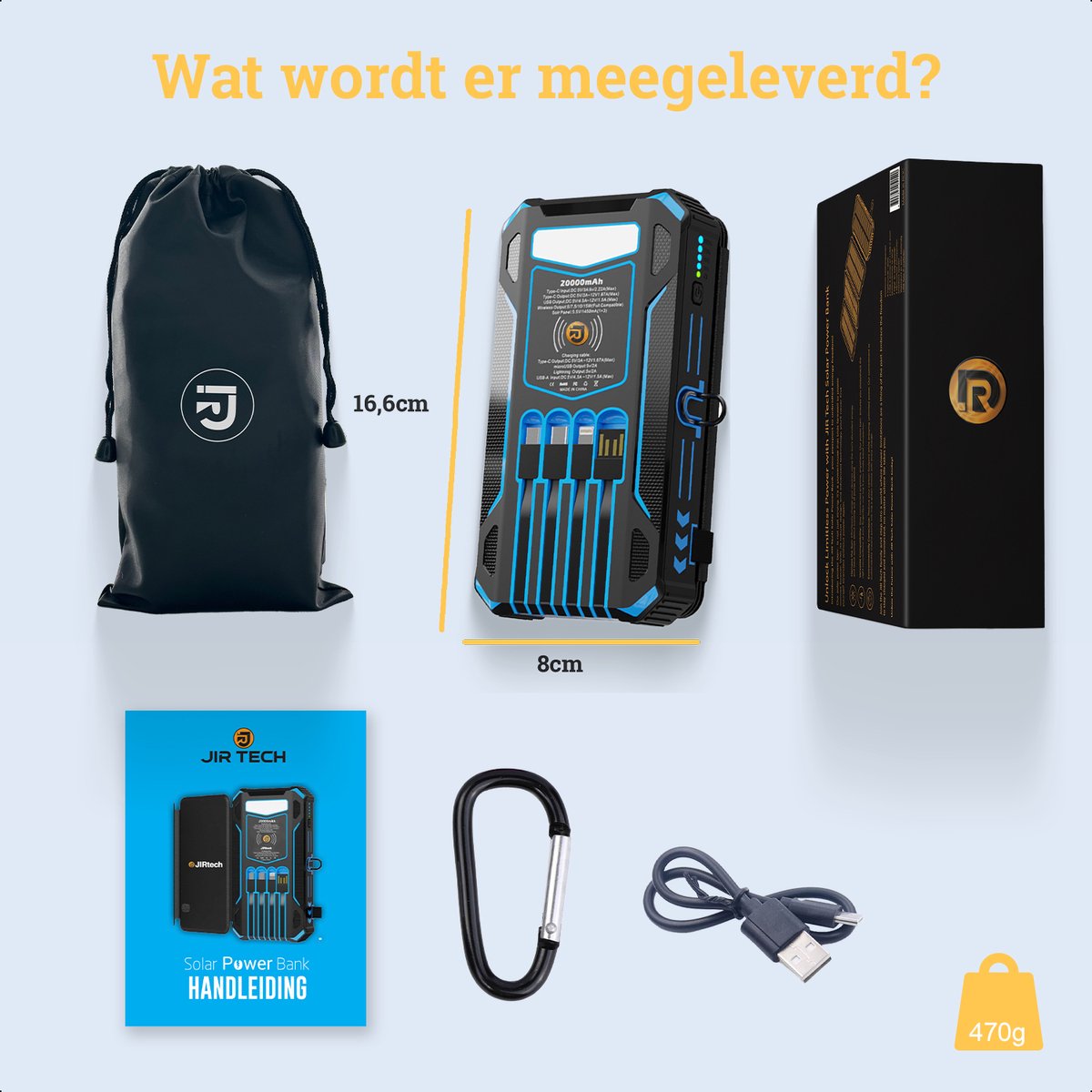 JIRTech® Solar Powerbank 20.000 mAh met Ingebouwde Kabels - afbeelding 3