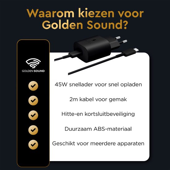 Chargeur Golden Sound, câble 2m, protection contre la surchauffe et les courts-circuits, ABS durable, adapté à plusieurs appareils.