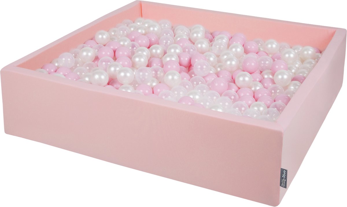 KiddyMoon Ballenbad voor kinderen Vierkant met 600 ballen ∅7cm 120x30cm - Ballenbak voor Baby's - Ballenbak ballen kleurrijke - Met schuimvulling - Ballenbad foam - Voor sensorische - Rosa: Poederroze Parel Transparant
