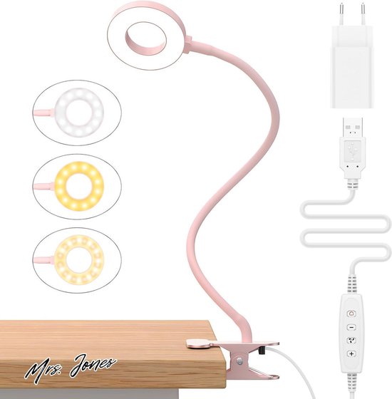Mrs. Jones Leeslamp met 23 leds en USB-oplader - lamp met klem - 3 kleuren en 10 lichtsterktes - 40 cm - blokkeert 9999% van het blauwe licht - bureaulamp met klem voor boeken werk bed en tafel - roze .