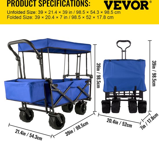 VEVOR Opvouwbare Wagenwagen Product Afmetingen 92,7 X 54,3 X 98,5 cm Multifunctioneel Opvouwbare Tuinwagen Max. Draagvermogen 100 Kg Opvouwbare Tuinwagen, voor Strand / Tuin / Sport / Vissen / Park — afbeelding 5