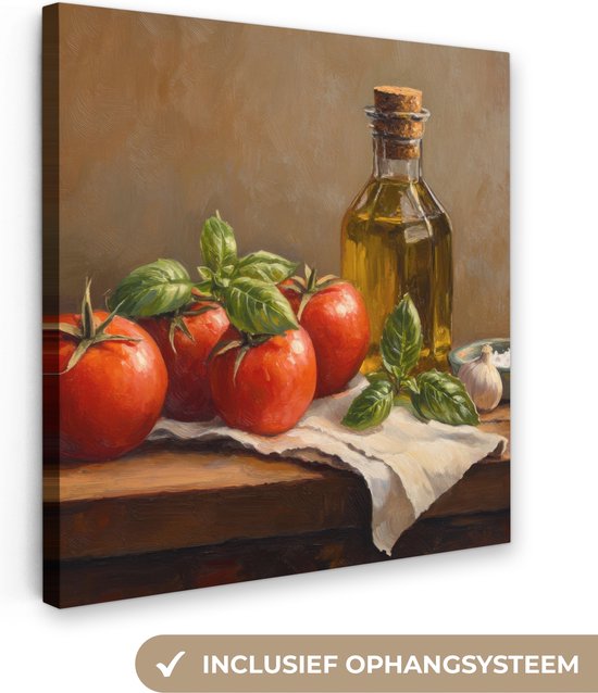 Canvas schilderij 50x50 cm - Exclusieve wanddecoratie Tomaten - Olijfolie - Stilleven - Muurdecoratie woonkamer - Slaapkamer decoratie - Kamer accessoires - Schilderijen op canvas