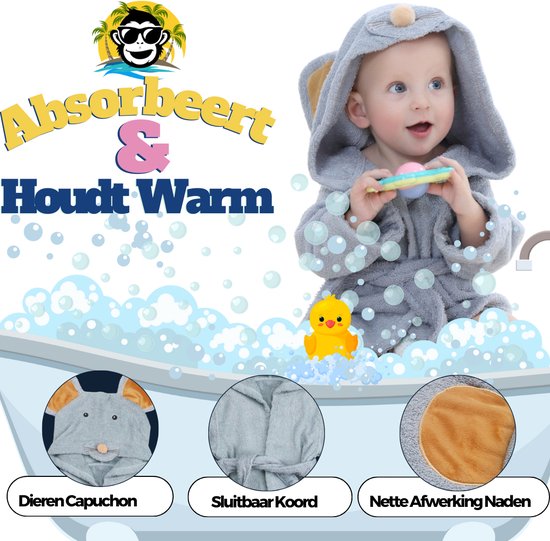 BoefieBoef Donkere Muis Kinder Badjas Baby & Peuter 0-2 Jaar (0-85 cm) – Zacht Katoen Badstof met Dieren Capuchon – Absorberende Ochtendjas Handdoek voor Jongen & Meisje – Zwemles, Carnaval, Verjaardag & Kraamcadeau – Perfect na Bad & Zwemmen — afbeelding 4