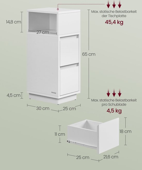 EUGAD Narrow Bedside Table with 2 Compartments and Drawer, 25 x 30 x 66 cm, Space-Saving Furniture Piece for Bedroom, Living Room, White, Wood Grain, 0011CTG