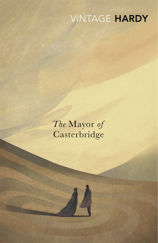 Boekomslag met de titel 'The Mayor of Casterbridge' en een illustratie van twee figuren in een woestijnlandschap.