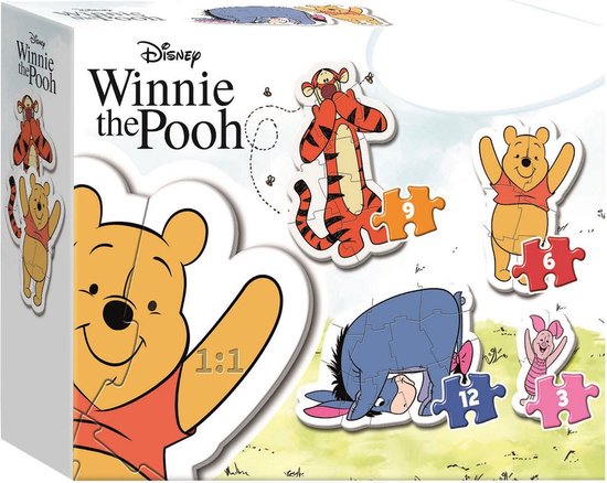 Doos met Winnie de Poeh puzzels: Tigger, Poeh, Eeyore en Knorretje. Met de tekst 'Disney Winnie the Pooh'.
