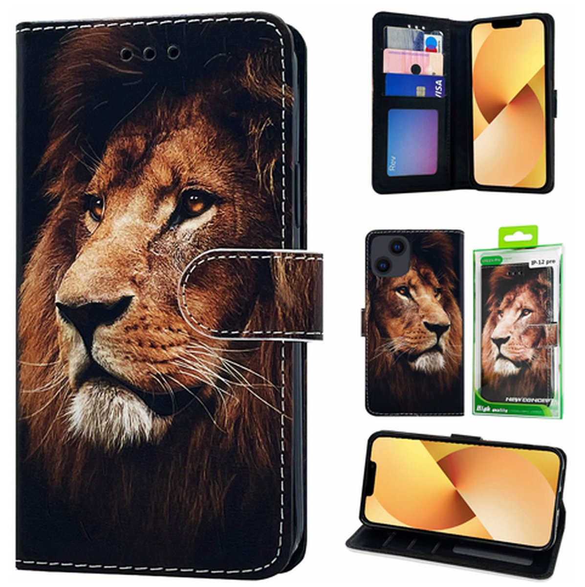 Telefoonhoesje Geschikt voor iPhone 15 Pro - Bookcase - Leeuw Printje - Ruimte voor 3 pasjes