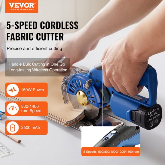 VEVOR Draagbare Stoffensnijder 150 W, Elektrische Industriële Stoffensnijder, Bladgrootte: 100 mm, Maximale Snijdikte: 27 mm, Draadloze Stoffen Schaar Gemaakt van Gelegeerd Staal, Ideaal voor Stoffen, Stoffen enz. van Vevor — afbeelding 5