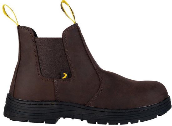 Donkerbruine leren Chelsea boot met gele lusjes en zwarte zool.