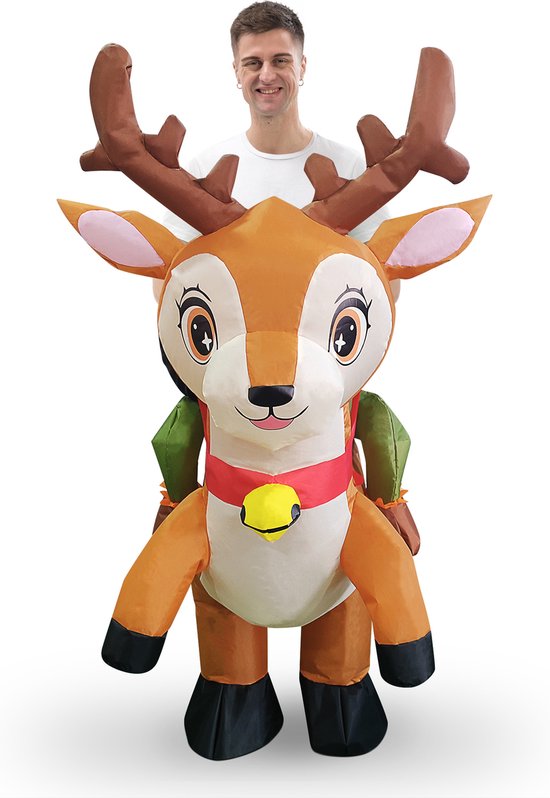 KIMU® Opblaas Kostuum Kinderen Zittend Op Hert - Maat 122 128 134 140 146 152 - Opblaasbaar Pak - Hertpak Mascotte Opblaaspak - Opblaasbare Rendier Ree Eland Halloween