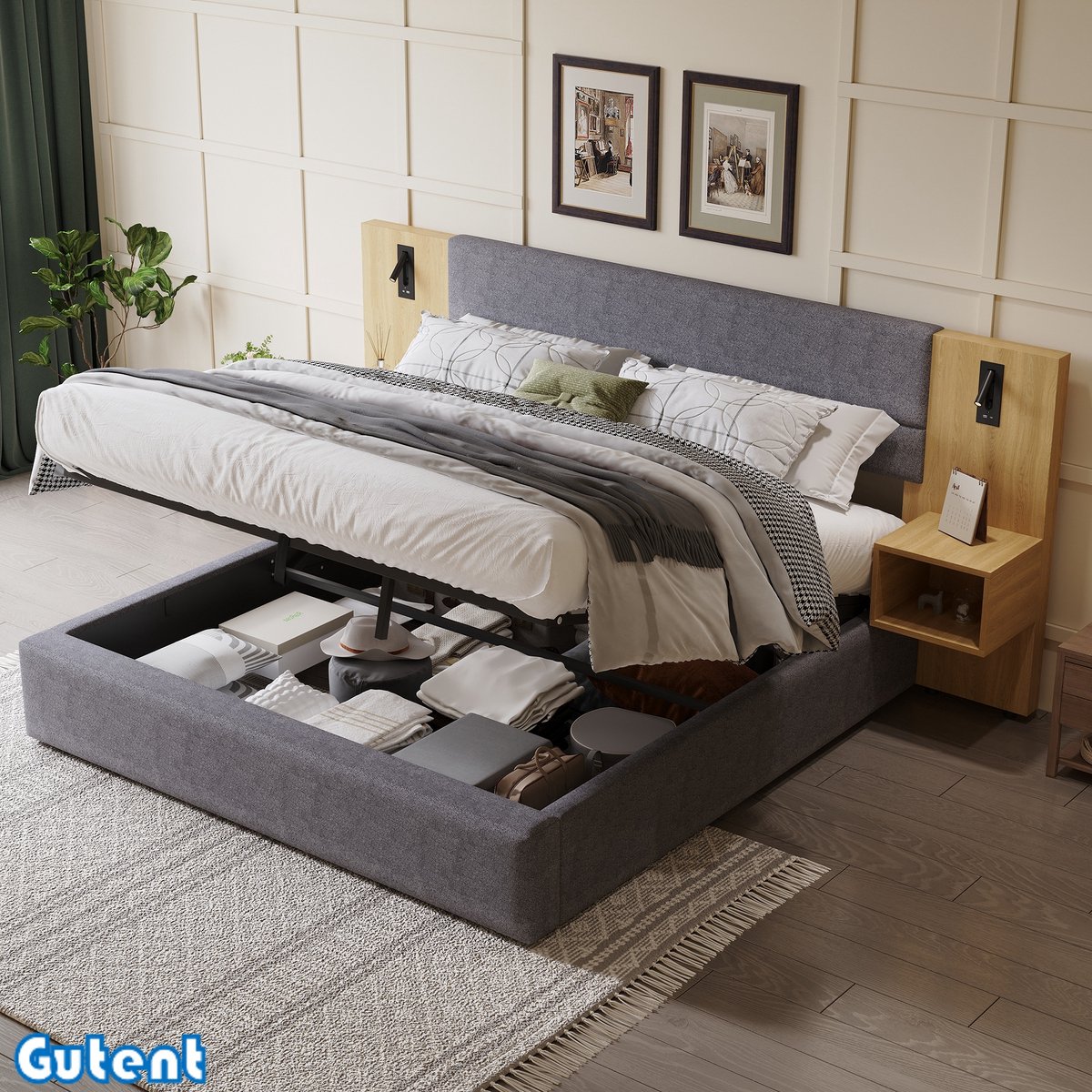 Gutent Tweepersoonsbed - 160 x 200 cm - Hydraulisch bed - Met licht - Twee nachtkastjes - Fluweel - Grijs + Naturel - Zonder matras