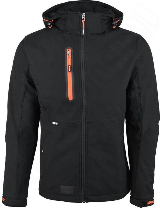 Zwarte Herock softshell werkjas met oranje ritsen, zwarte mouwpanelen en capuchon.