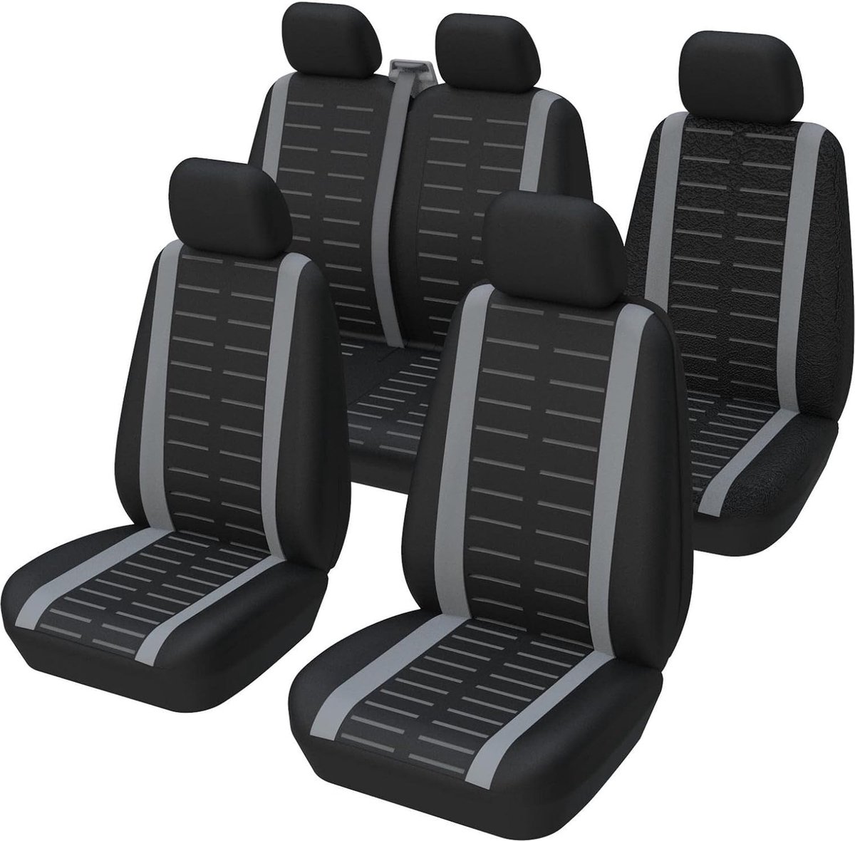 JGS ® Universele autostoelhoezen complete set 5-zits voorstoelhoezen met 1+2 dubbele stoelhoezen Passagiersstoelhoezen Estate Crew Van Estate MPV Grijs