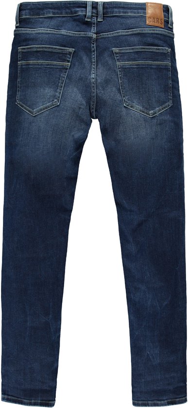 Achterkant van een donkerblauwe, slim fit spijkerbroek met lichte slijtage.