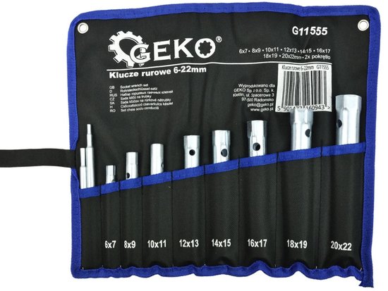 Een 10-delige GEKO buissleutelset (6-22mm) in een zwarte opberghoes met blauwe rand, met de maten 6x7 tot 20x22.