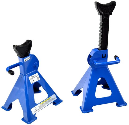 Twee blauwe 3-tons assteunen, verstelbaar, met zwarte top. Eén is hoger dan de ander.