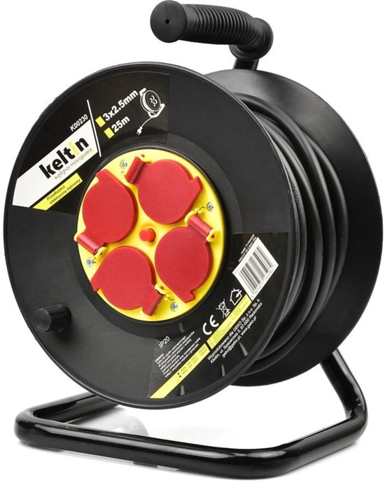 Zwarte haspel met een kabel van 25m, 3x2,5mm, met vier rode stopcontacten, op een metalen standaard. Merk: Keltin.