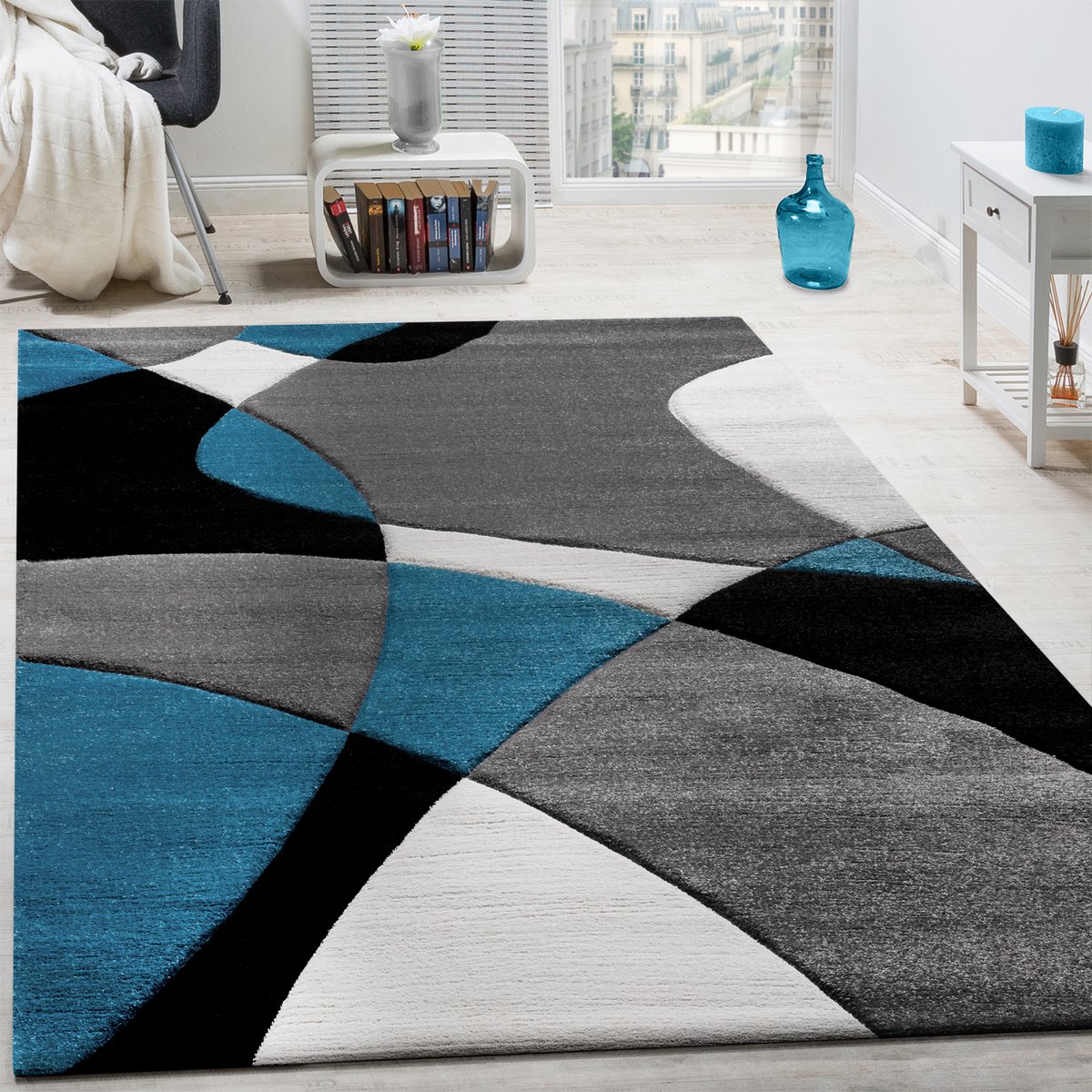 flycarpets Diamesa Modern Vloerkleed - Grijs / Blauw / Zwart - 160x230 cm - Laagpolig Tapijt Woonkamer