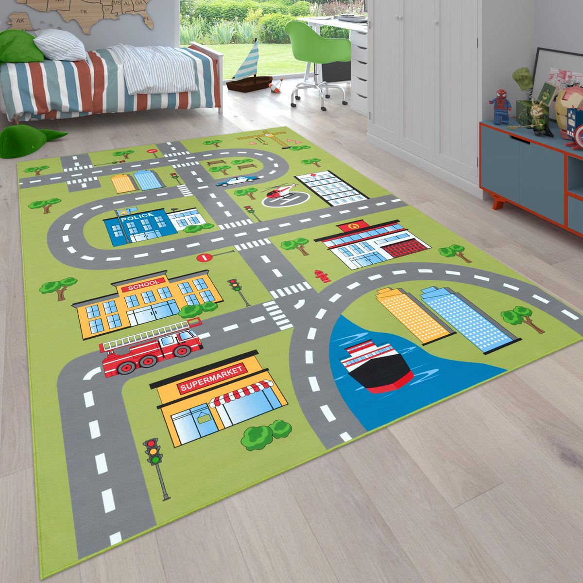 Flycarpets Binola Kindervloerkleed Groen / Kleurrijk - 160x220 cm - Speelkleed / Speelmat Auto - Laagpolig Vloerkleed Kinderkamer