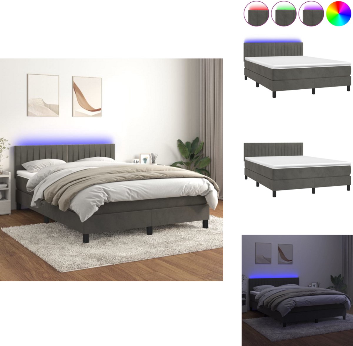 vidaXL Boxspring - Boxsprings - Bed - Slaapmeubel - Boxspring met matras en LED fluweel donkergrijs 140x200 cm