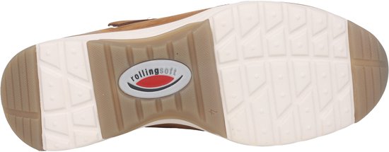 Zool van bruine damessneakers, met 'rolling soft' logo en wit profiel.