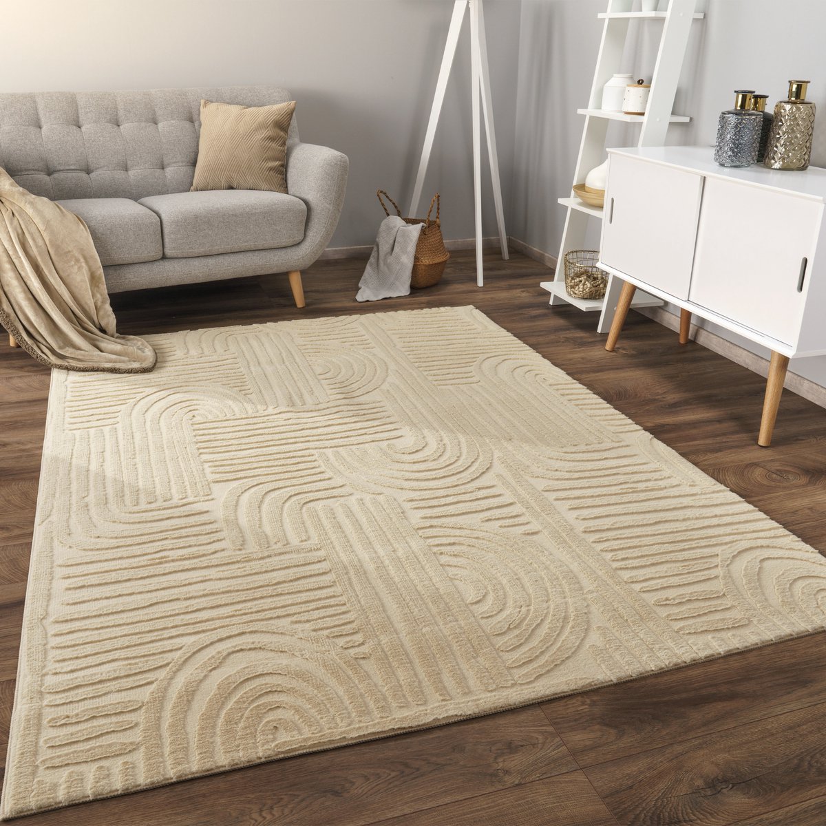 flycarpets Zacht Japandi vloerkleed - Lely Fluffy Beige - 160x220 cm - Laagpolig Tapijt Woonkamer / Slaapkamer / Kinderkamer