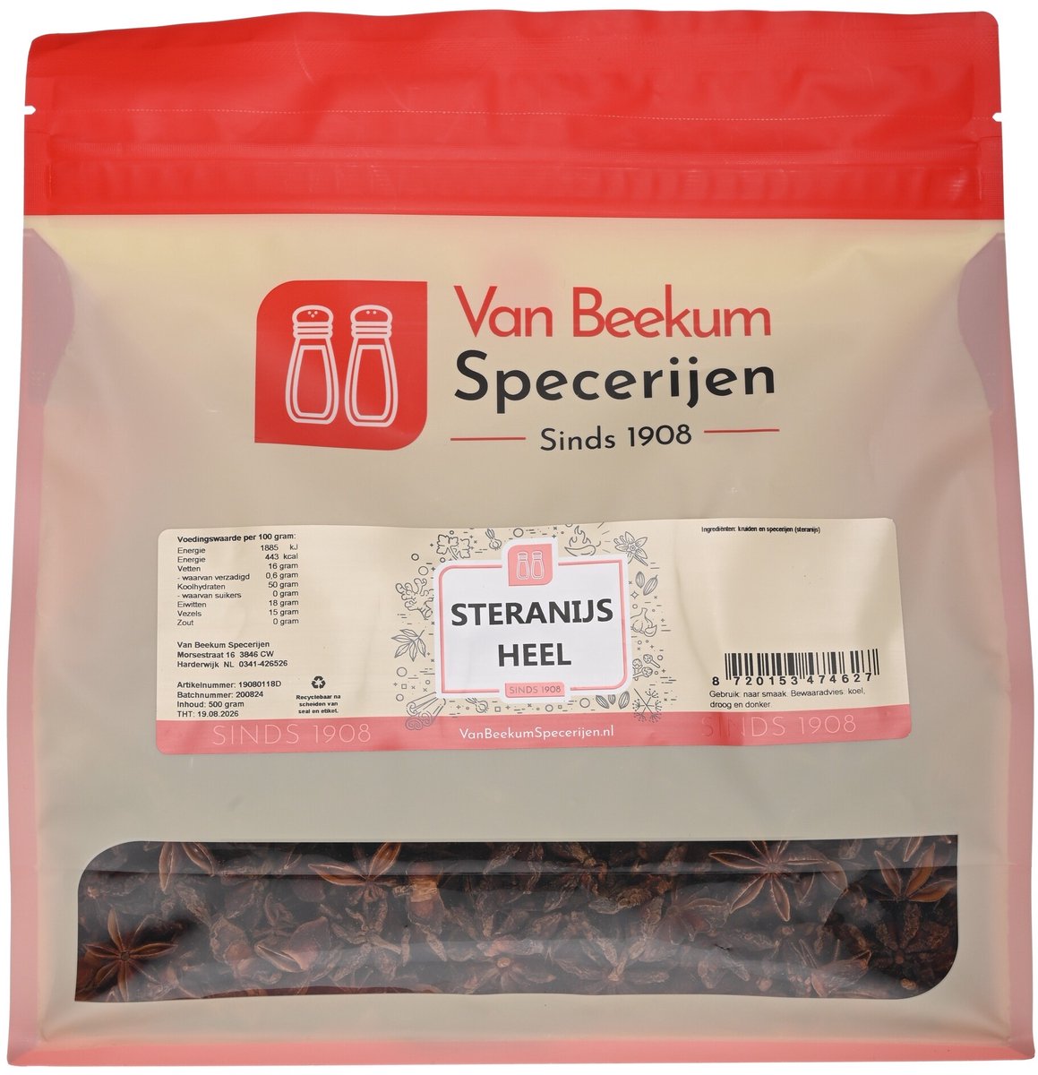 Goedkoopste Van Beekum Specerijen - Steranijs Heel - 500 gram (hersluitbare stazak
