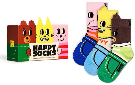 Happy Socks dieren cadeauverpakking naast drie paar sokken: roze kat, gele tijger, bruine beer.